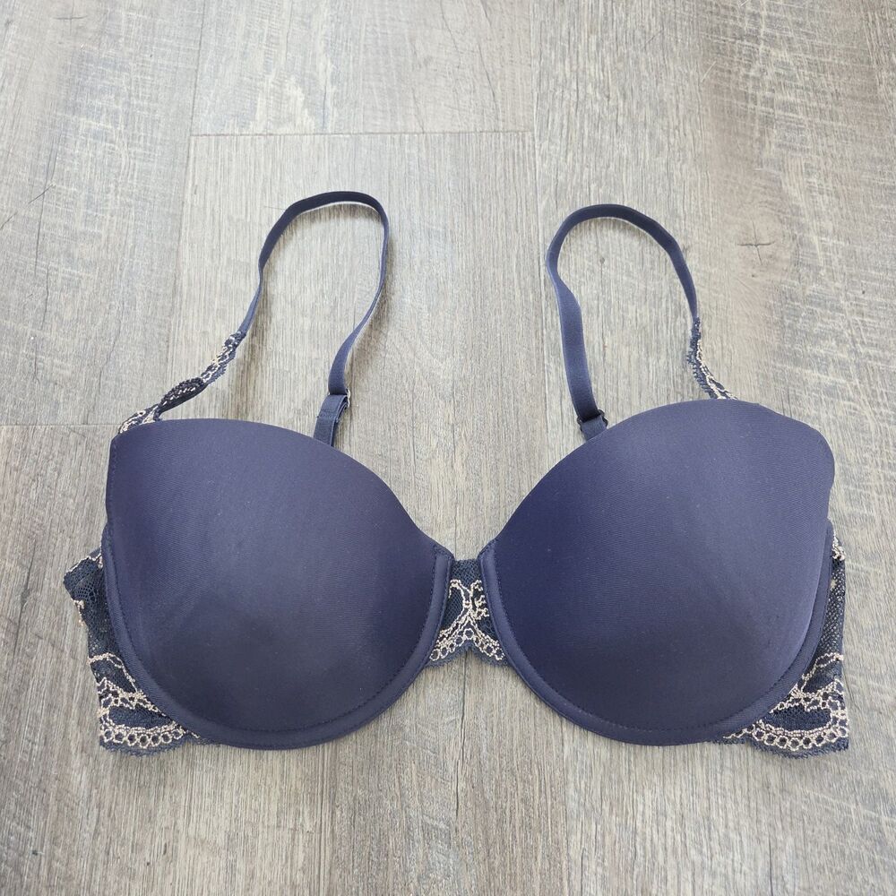 Natori T-Shirt Bra size 34D Blue Lace Smoothing Light Padding Underwire